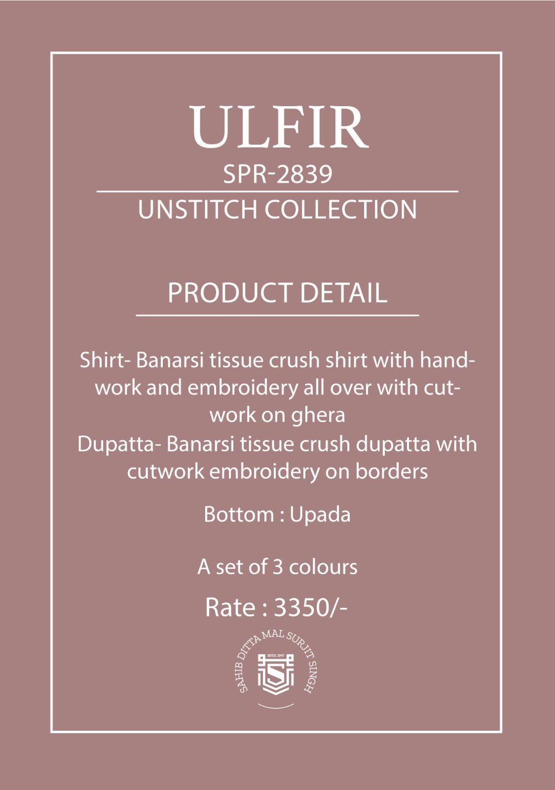 Naariti Ulfir Banarasi Tissue Crush Shirt Hand Work Embroidery All Over Cut Work Ghera Upada Suit - 3 Pcs Rate 3350