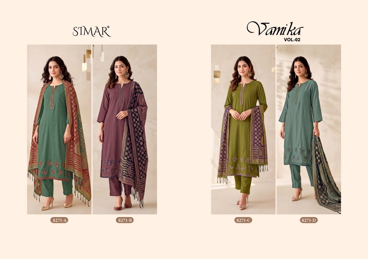 Simar Vamika Vol-02 Pure Viscose Pashmina Fancy Embroidery Work Silk Weaving Jacquard Suit - 4 Pcs Rate 1795