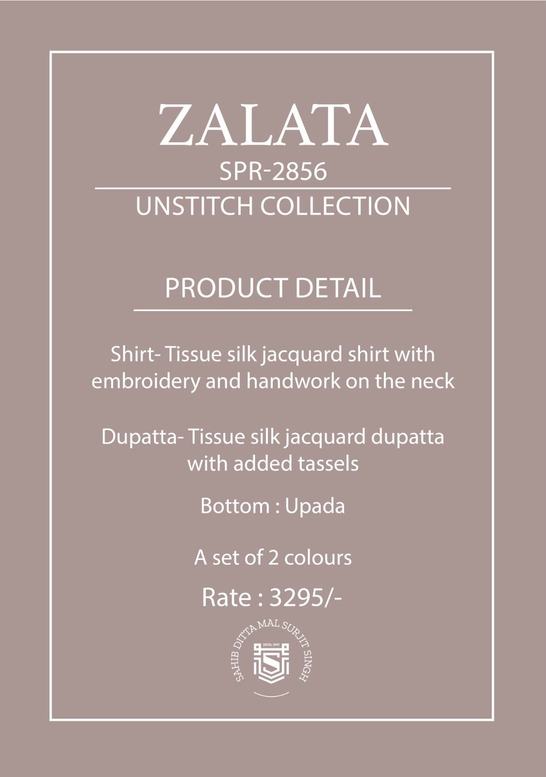 Naariti Zalata Tissue Silk Jacquard Shirt Embroidery Handwork Neck Upada Suit - 2 Pcs Rate 3295